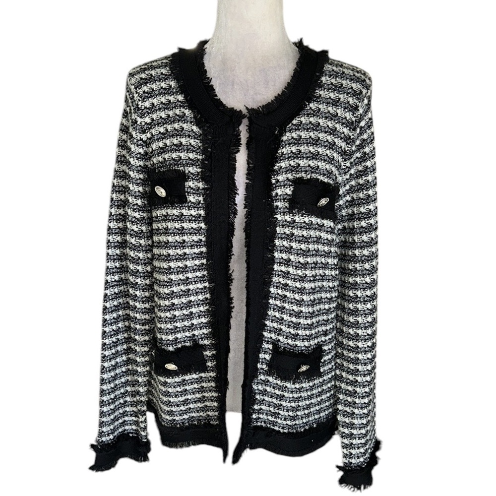 Laura Ashley Vintage Black White Metallic Silver Button Fringe Knit Cardigan - M